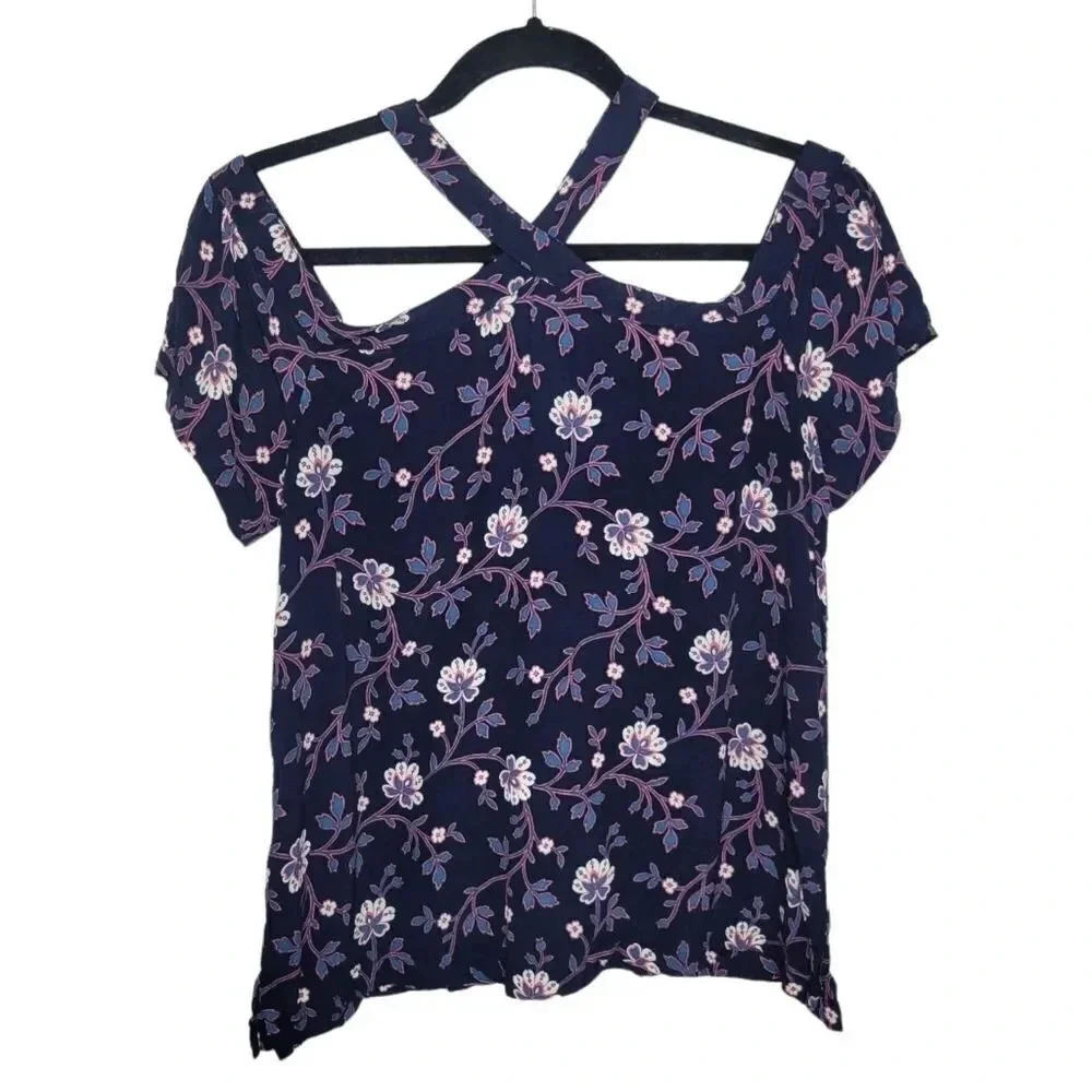 LOFT Cold Shoulder Top Navy‎ Blue Floral  Short Sleeve Choker Collar